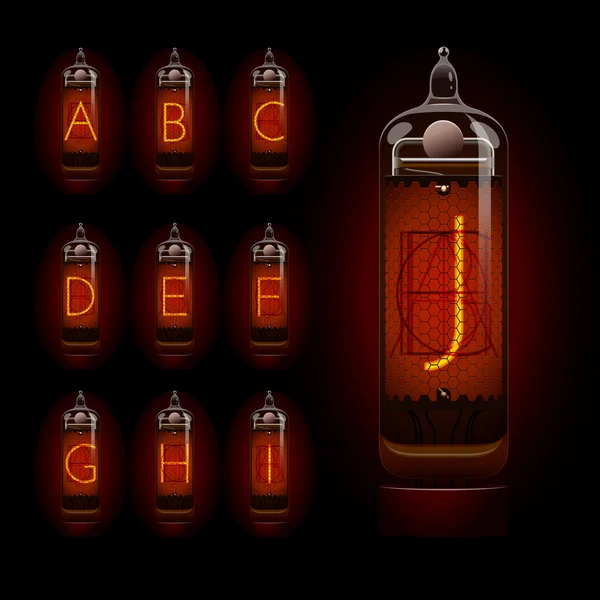 Nixie tube alphabet a to j — Stock Vector