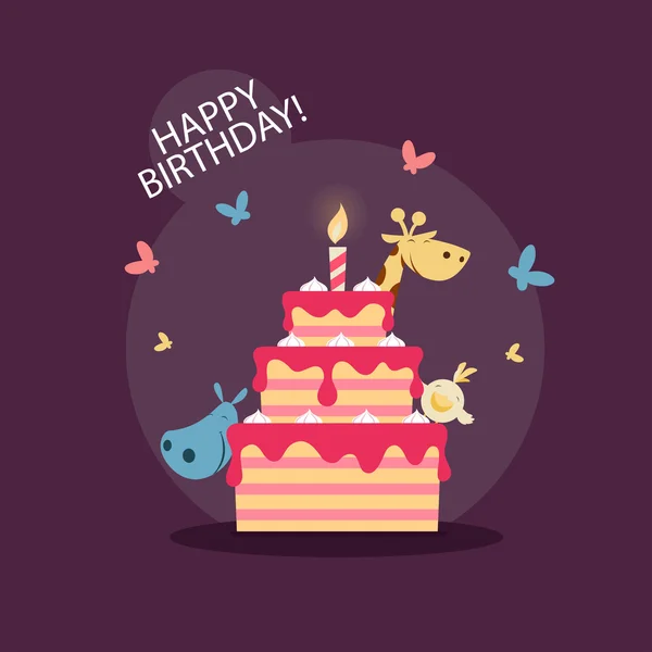 귀여운 작은 동물 들과 함께 생일 케이크 — 스톡 벡터