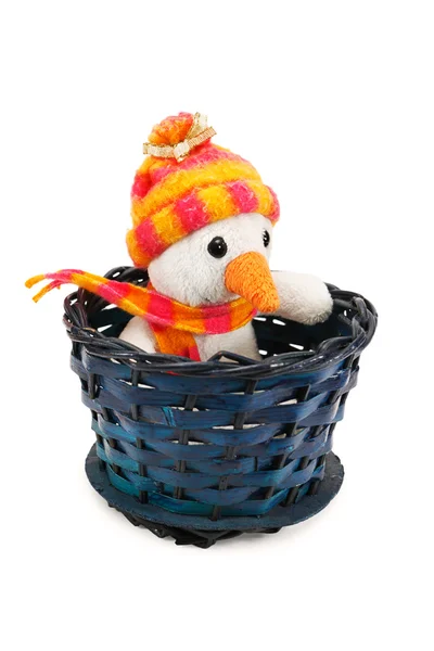 Toy snowman in a basket — Stock Photo, Image