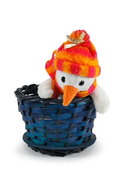 Toy snowman in a basket — Stock Photo, Image