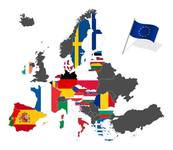 Karta Över Europa Med Europeiska Unionens Medlemsstater Flaggar Efter Brexit — Stock vektor