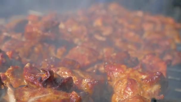 Carne Barbecue Spiedini Scherzi Sulla Griglia Carne Maiale Succosa Cotta — Video Stock