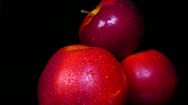 Maçãs vermelhas maduras em um fundo preto. Bela fruta Vitaminas da natureza. — Vídeo de Stock