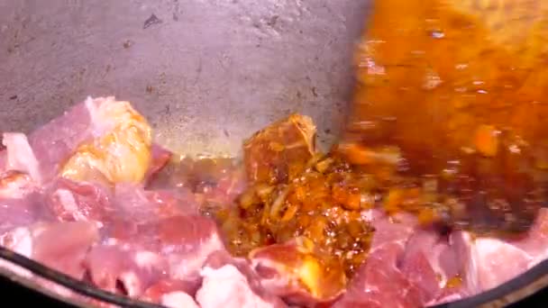 グーラッシュは調味料と肉で作られています 熱い皿から蒸気 釜の中のキッチン キッチンへらでかき混ぜてください キャンプファイアフード — ストック動画