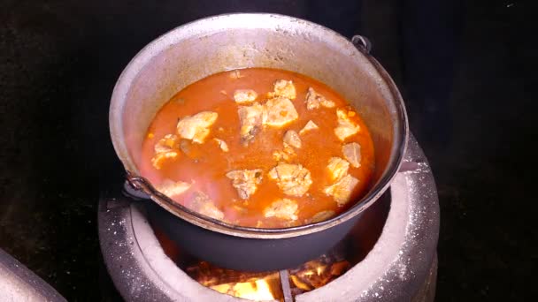 土豆泥是用调味料和肉配制的 从火热的盘子里蒸出来的 厨房在一个大锅里 用厨房的铲子搅拌一下 篝火食品 — 图库视频影像