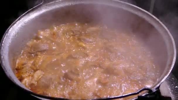 Goulash Wordt Bereid Met Kruiden Vlees Stoom Uit Een Hete — Stockvideo