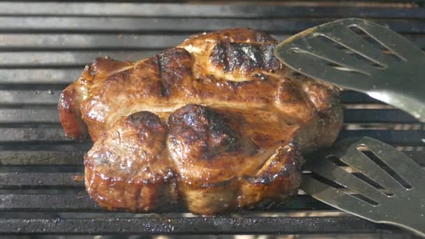 Bife Carne Está Frito Grelha Cozinhe Comida Livre Piquenique — Vídeo de Stock