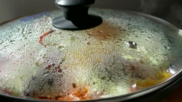 Omelete Uma Panela Prato Com Ovos Legumes Salsicha Vapor Subindo — Vídeo de Stock
