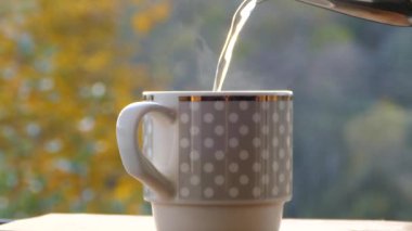 Çaydanlıktan çay dökülüyor. Sonbahar havası ve sarı ağaçların arka planında fincandan buhar yükselir. Sıcak sonbaharda dışarıda sıcak çay iç.. 