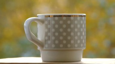 Sonbahar havası ve sarı ağaçların arka planında fincandan buhar yükselir. Sıcak sonbaharda dışarıda sıcak çay iç.. 