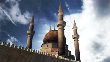 Türk Camii bulutlar timelapse 3d render ve gerçek bulutlar timelapse