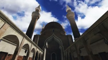Türk Camii bulutlar timelapse 3d render ve gerçek bulutlar timelapse