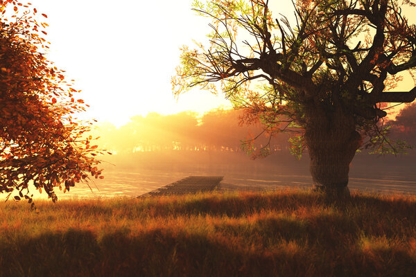 Autumn Sunset Sunrise at Lake 3D render