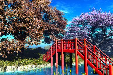 geleneksel Japon bahçe 3d render Bridge'de