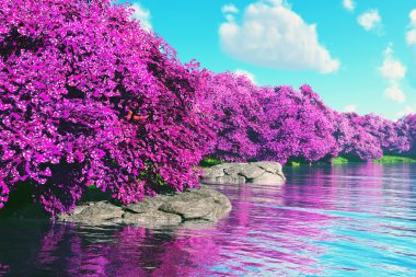 gizemli kiraz çiçekleri Japon Bahçe, göl 3d render