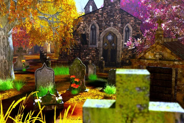 Autumn in Cemetery 3D render — Stock Photo, Image