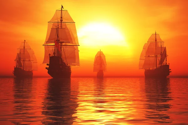 Oude slagschepen in de zonsondergang 3d render — Stockfoto