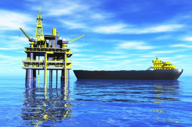 Deniz ve tanker 3d render petrol platformunda