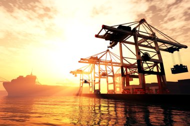 Endüstriyel port gündoğumu günbatımı 3d render