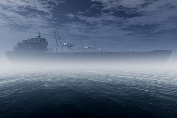 Cargo Ship dans le rendu 3D Port industriel très Foggy — Photo