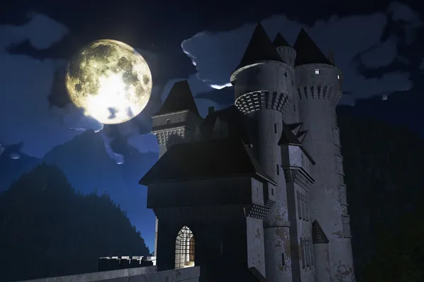 Castelo à noite nas montanhas 3D render — Fotografia de Stock