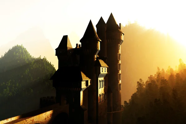 Castelo ao pôr-do-sol nascer nas montanhas 3D render — Fotografia de Stock