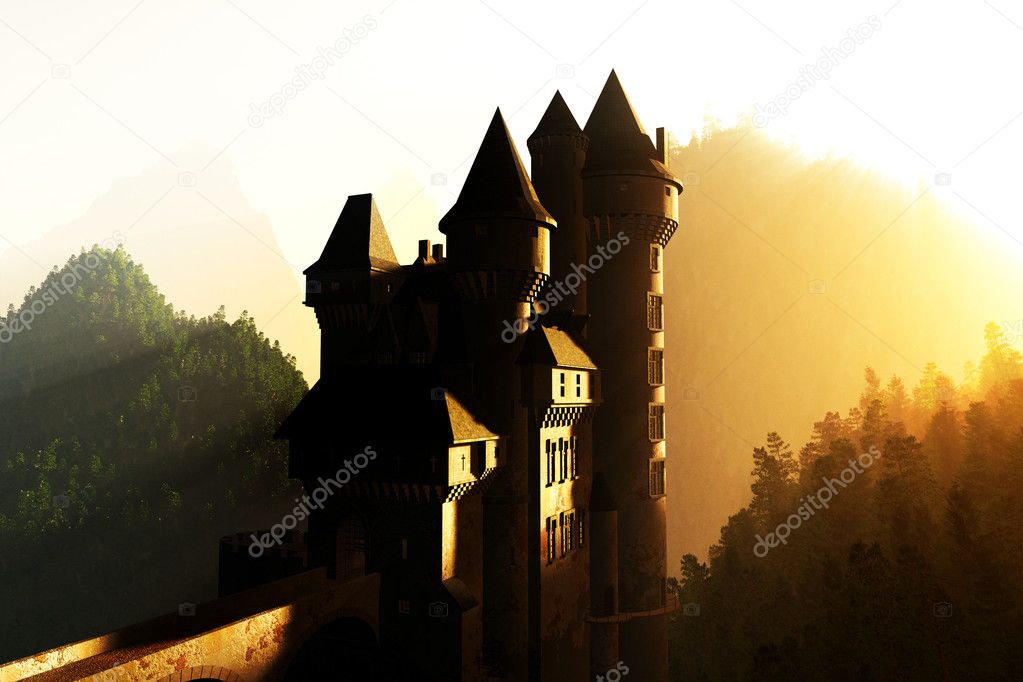 Castle in the sunset sunrise in the Mountains 3D render