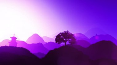 dağlar ve pagoda arka planı üzerinde sihirli günbatımı