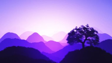 Dağların üzerinden büyülü günbatımı hillside bitki ve ağaç yaprakları