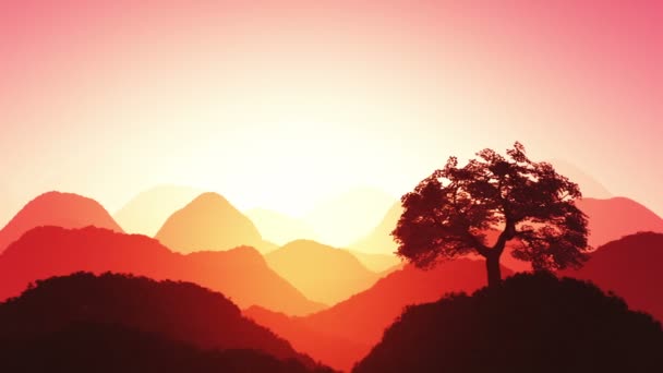 Puesta de sol mágica sobre las montañas hojas en las laderas plantas y árboles — Vídeo de stock