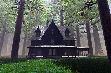 Sprite ve korkunç derin orman evde 3d render