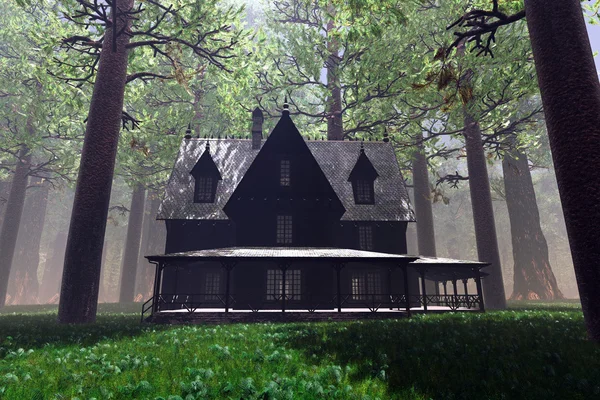 Casa Sprite e assustadora em Deep Forest 3D renderizar — Fotografia de Stock