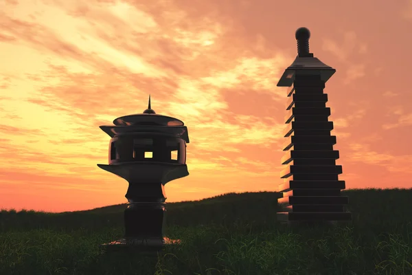 Japanese Stone Lanterns in the Sunset Sunrise — Stock Photo, Image