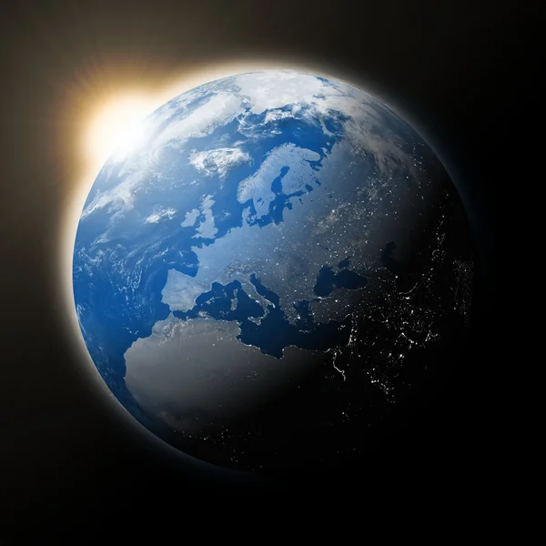 Zon over Europa op de planeet aarde — Stockfoto