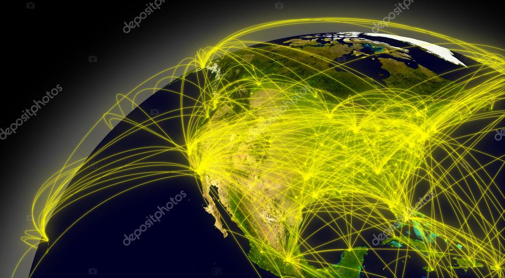 North America viewed from space with connections representing main air traffic routes. Elements of this image furnished by NASA.