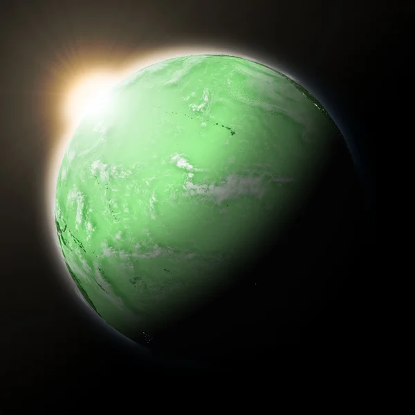 Słońce nad Pacyfikiem na zielonej ziemi — Zdjęcie stockowe