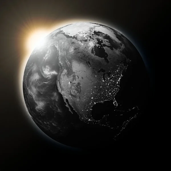 Sun over North America on dark planet Earth — Stock Photo, Image