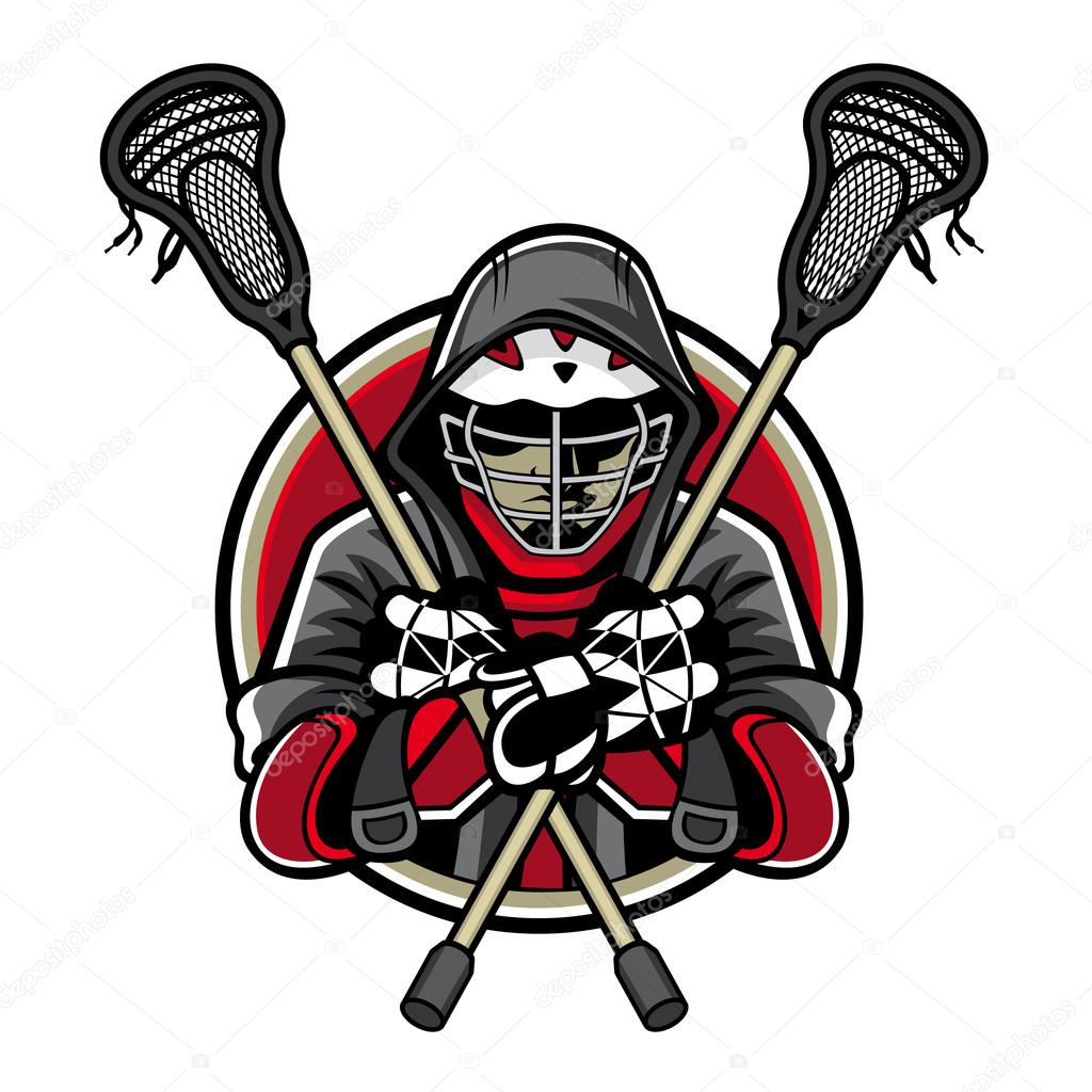 Illustration of lacrosse players was crossed lacrosse sticks and hands in the chest by wearing helmets and hoods