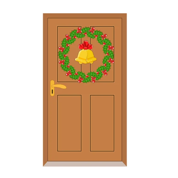 閉じた木製のドアと金の鐘と赤い弓とクリスマスホリーベリー花輪ラウンドフレーム — ストックベクタ