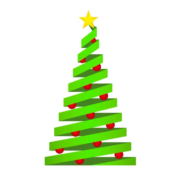 绿色圣诞树 顶部有金色的星星 纸带上有红色的球 贺卡用的库存矢量图解 — 图库矢量图片