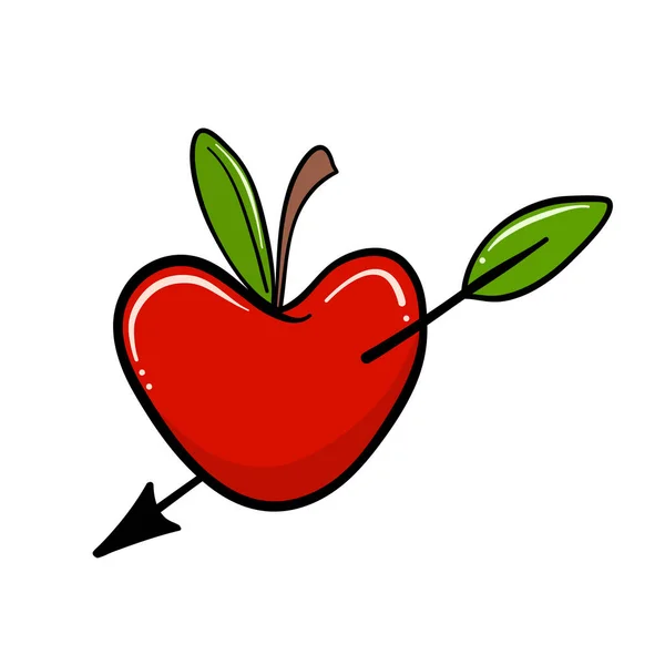 Red Apple Heart Symbol Drawing Design Valentine Day Card — Vetor de Stock