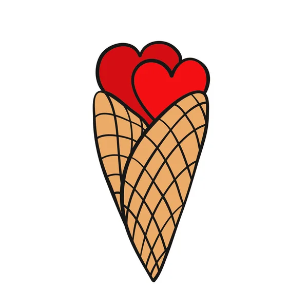 愛のカードデザインのための2つの心を持つアイスクリームからワッフルカップ — ストックベクタ