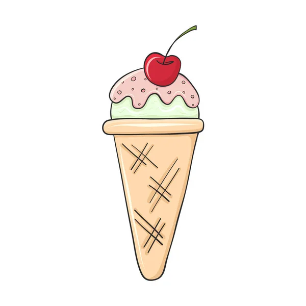Fruit Ice Cream Waffer Cone Cherry Top — Stock Vector