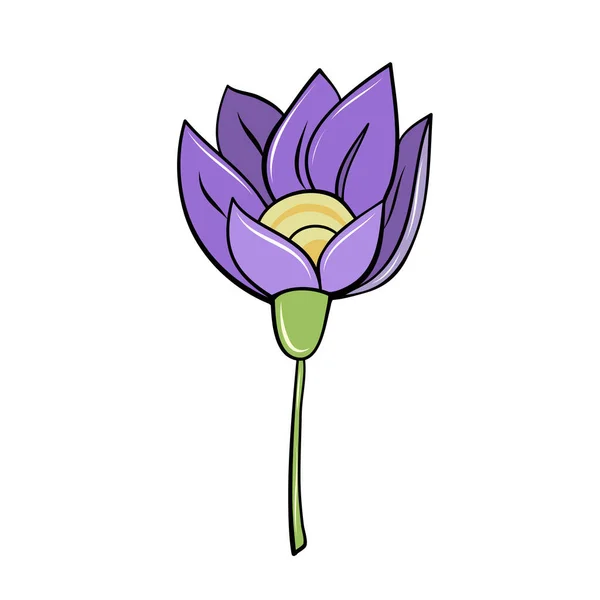 Фіолетова Весняна Квітка Кроку Намальована Мультиплікаційному Стилі Дизайну Карт — стоковий вектор