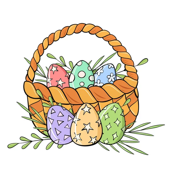 Cesta Mimbre Con Huevos Pascua Estilo Dibujos Animados Para Diseño — Vector de stock