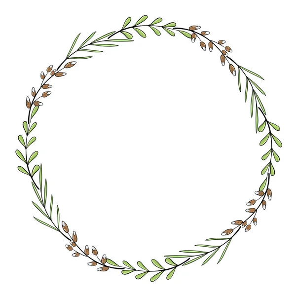Runde Rahmeneinfassung Mit Kissen Grüne Blätter Frühlingszweig — Stockvektor