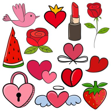 Set of love elements for design Valentine Day card bird heart rose lock symbol drawing 