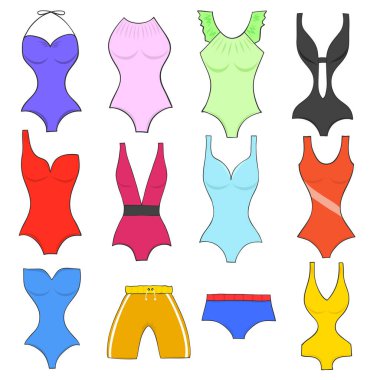 Set of different beautiful color swimsuits and swimming trunks hand drawn for summer holiday design