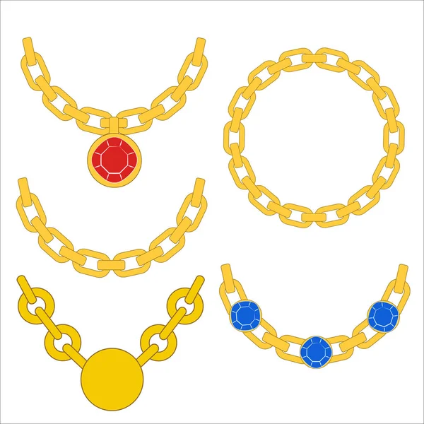 Set Golden Chain Link Circle Flat Style Precious Stones Frame — Vector de stock