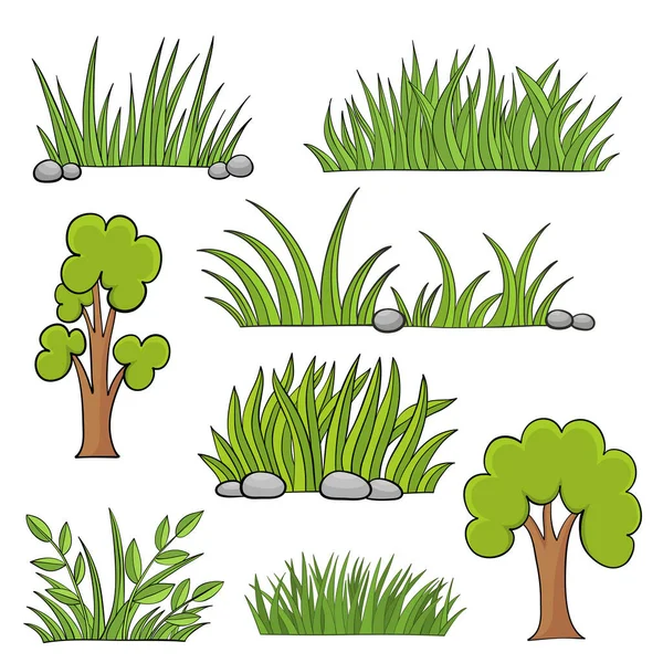 Set Green Grass Tree Hand Drawn Design Cartoon Style — Vettoriale Stock